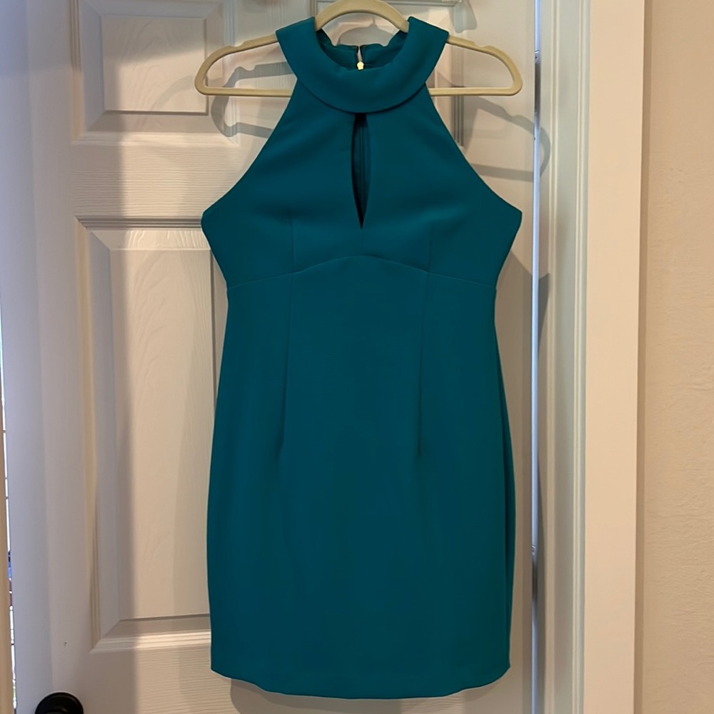 Trina Turk turquoise fitted dress high neck keyhole razorback size 4